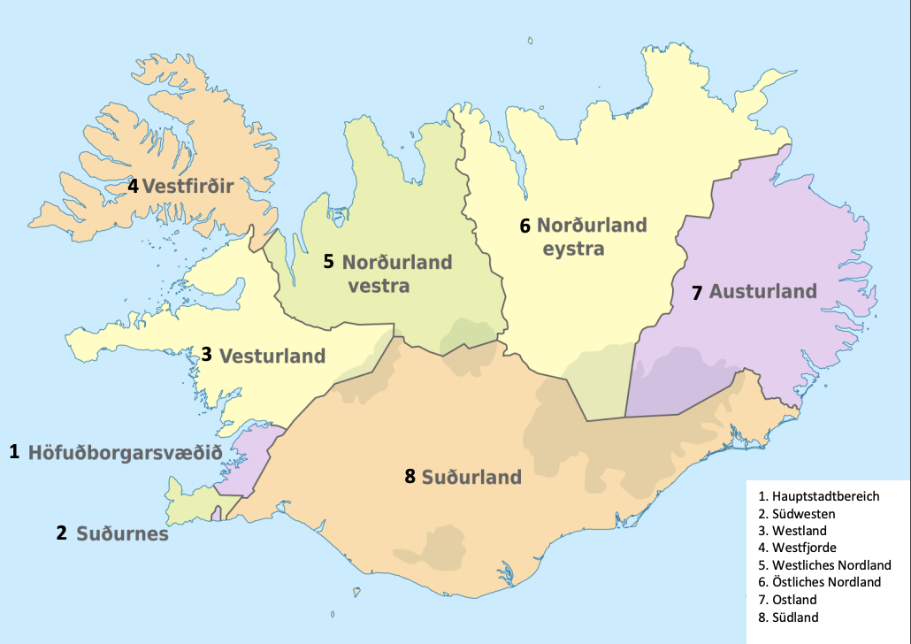 Karte Islands mit den acht Verwaltungsregionen und ihren Bezeichnungen.